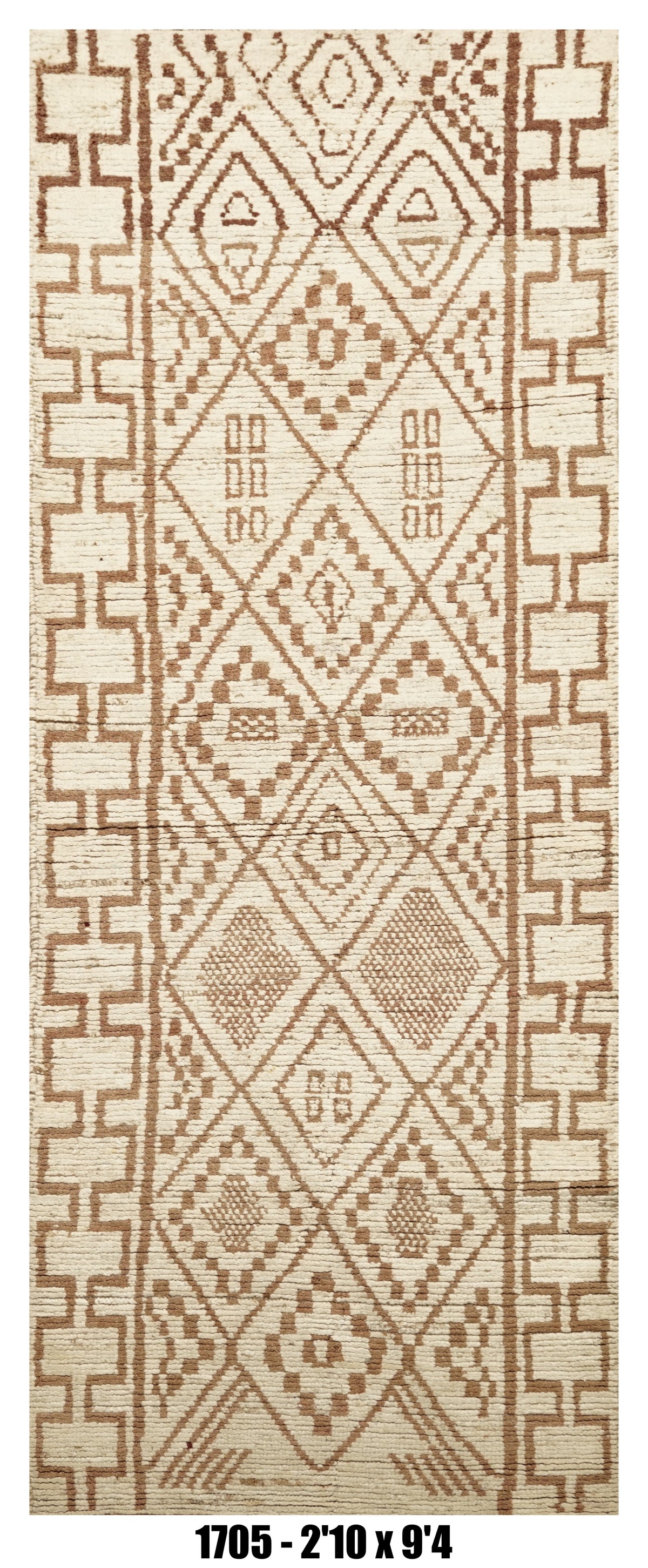 Moroccan Runner Rug 2'10" x 9'4" |  Ivory Taupe Tribal Diamond Hallway Rug