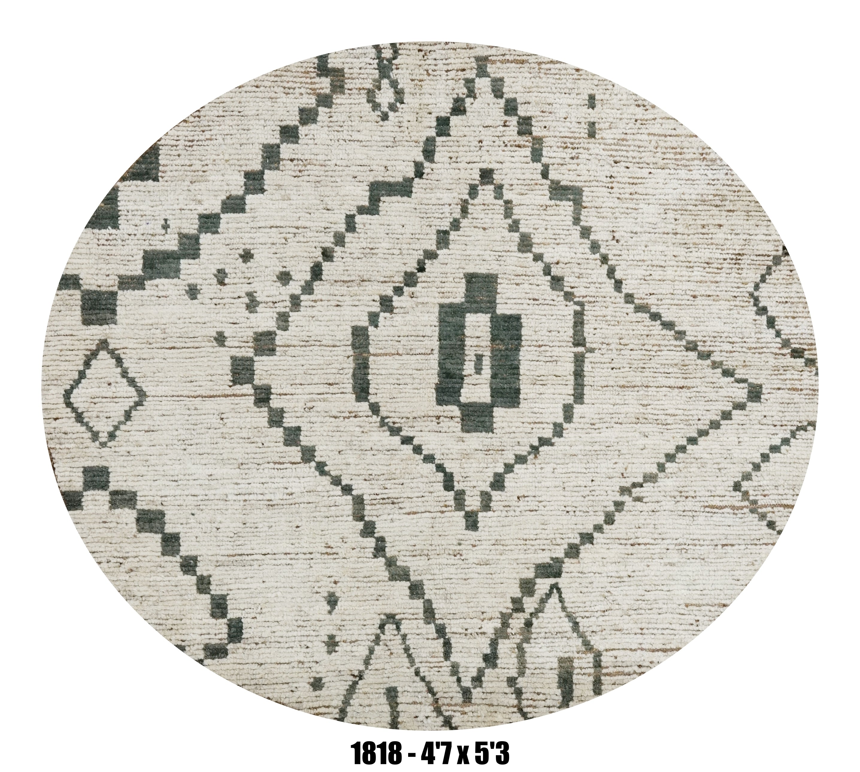 Round Moroccan Rug 4'7" x 5'3" |  Ivory Black Tribal Diamond Round Area Rug