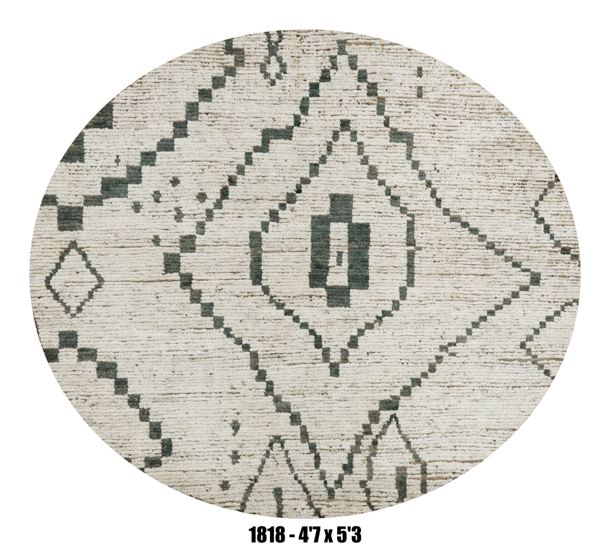 Round Moroccan Rug 4'7" x 5'3" |  Ivory Black Tribal Diamond Round Area Rug