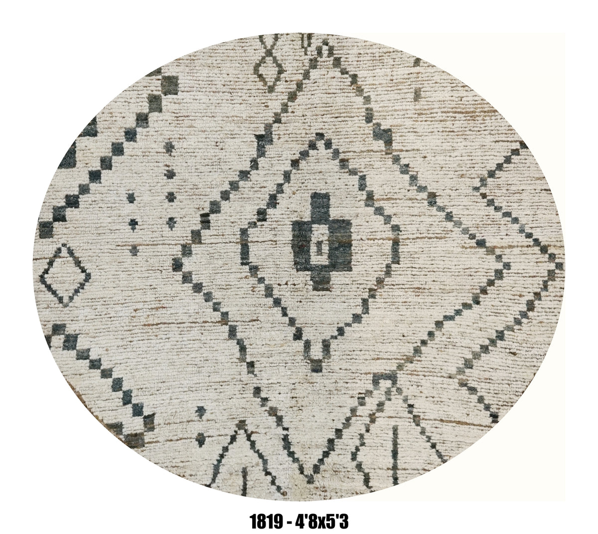 Round Moroccan Rug 4'8" x 5'3" |   Ivory Black Tribal Diamond Round Area Rug