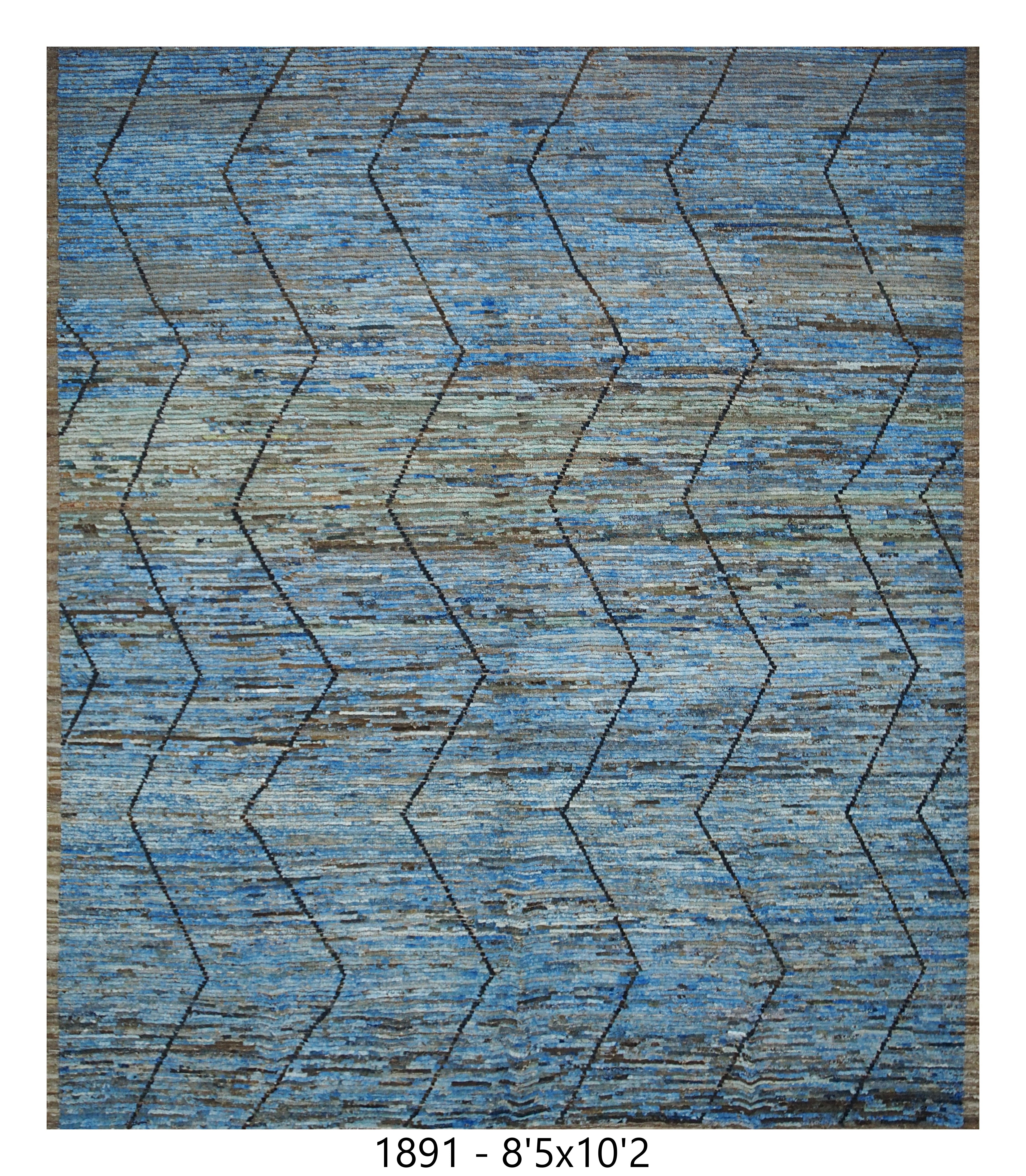 Moroccan Chevron Area Rug 8'5" x 10'2" |  Blue Brown Geometric Stripe Pattern