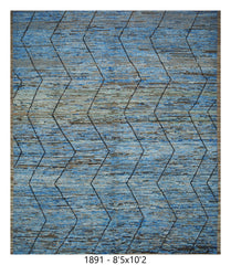 Moroccan Chevron Area Rug 8'5" x 10'2" |  Blue Brown Geometric Stripe Pattern