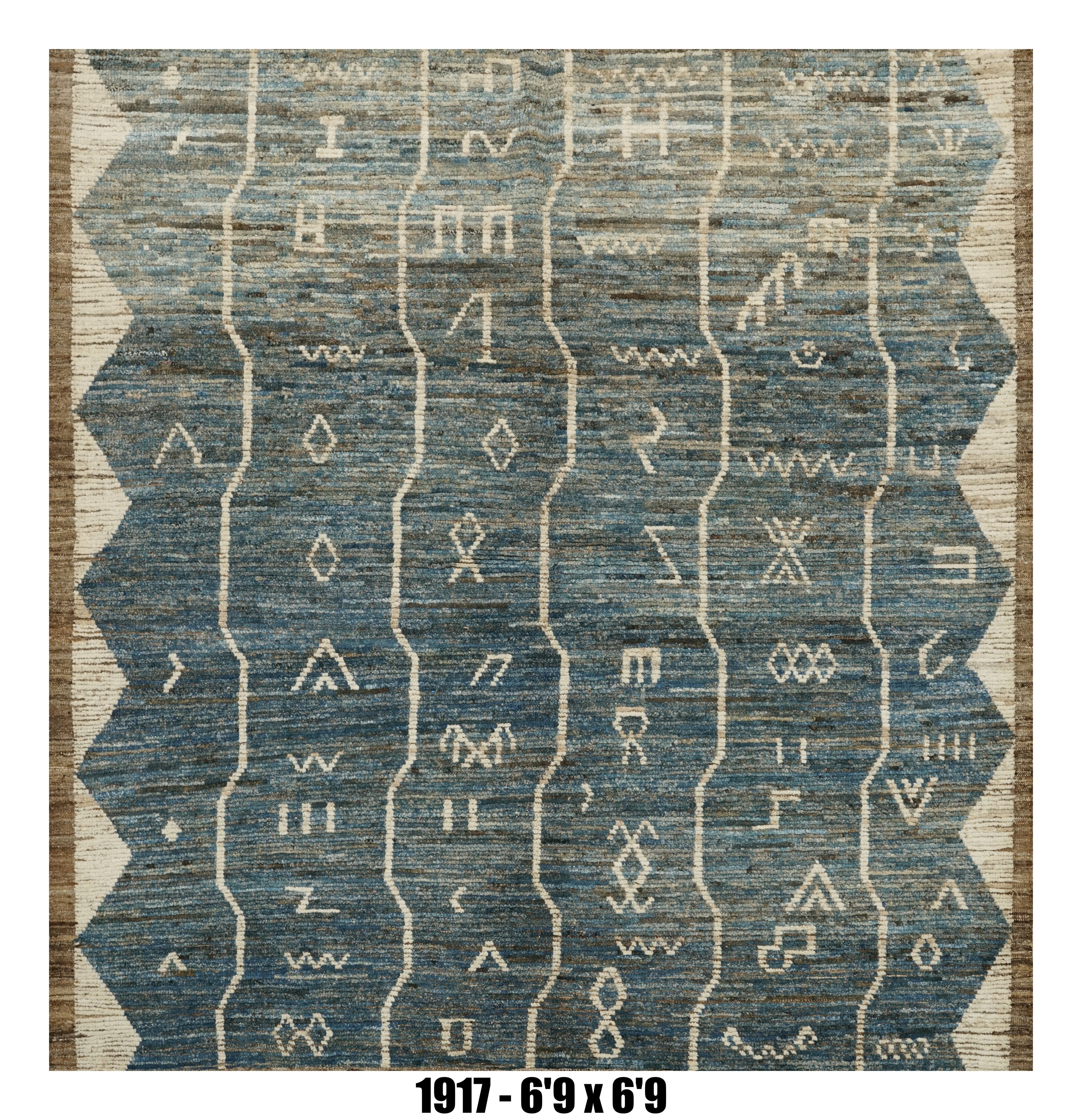 Moroccan Area Rug 6'9" x 6'9" |  Blue Ivory Tribal Grid Living Room Rug