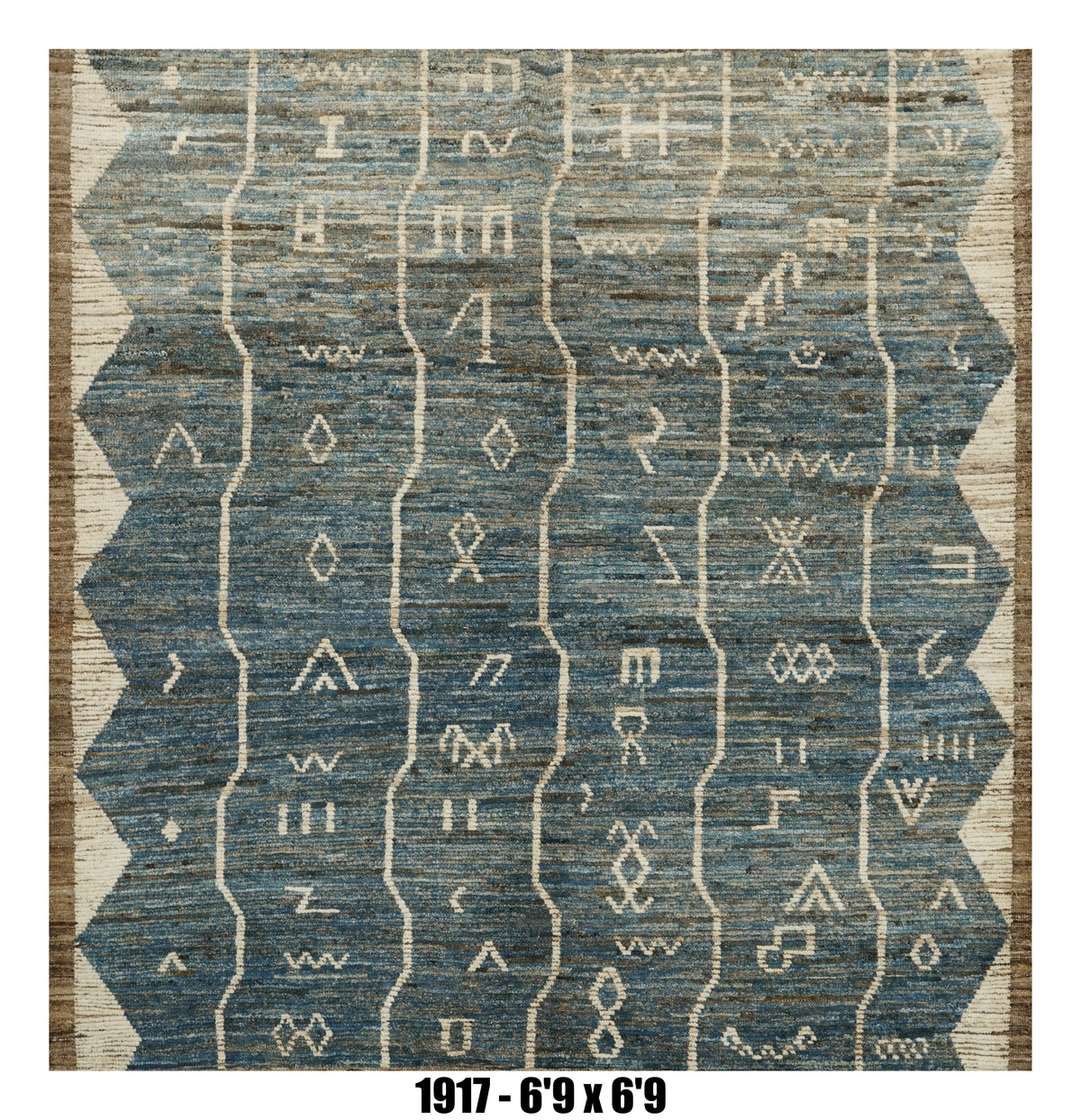 Moroccan Area Rug 6'9" x 6'9" |  Blue Ivory Tribal Grid Living Room Rug