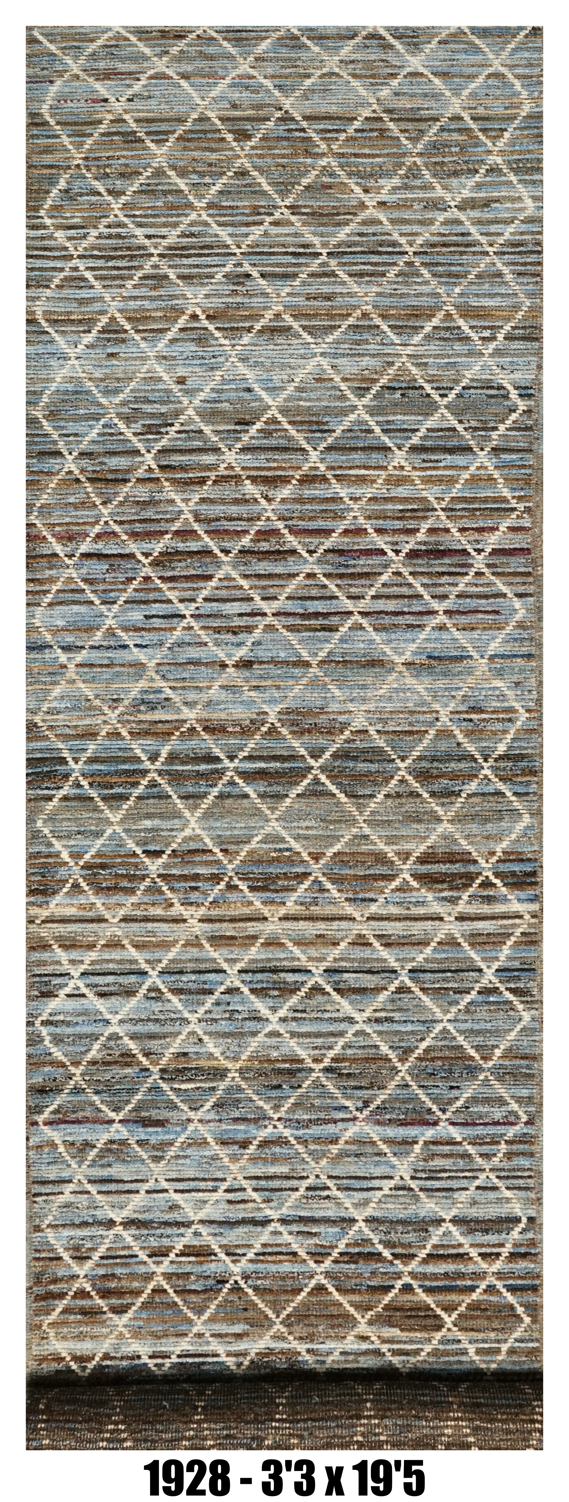 Moroccan Runner Rug 3'3" x 19'5"  |  Blue Taupe Diamond Lattice Hallway Rug