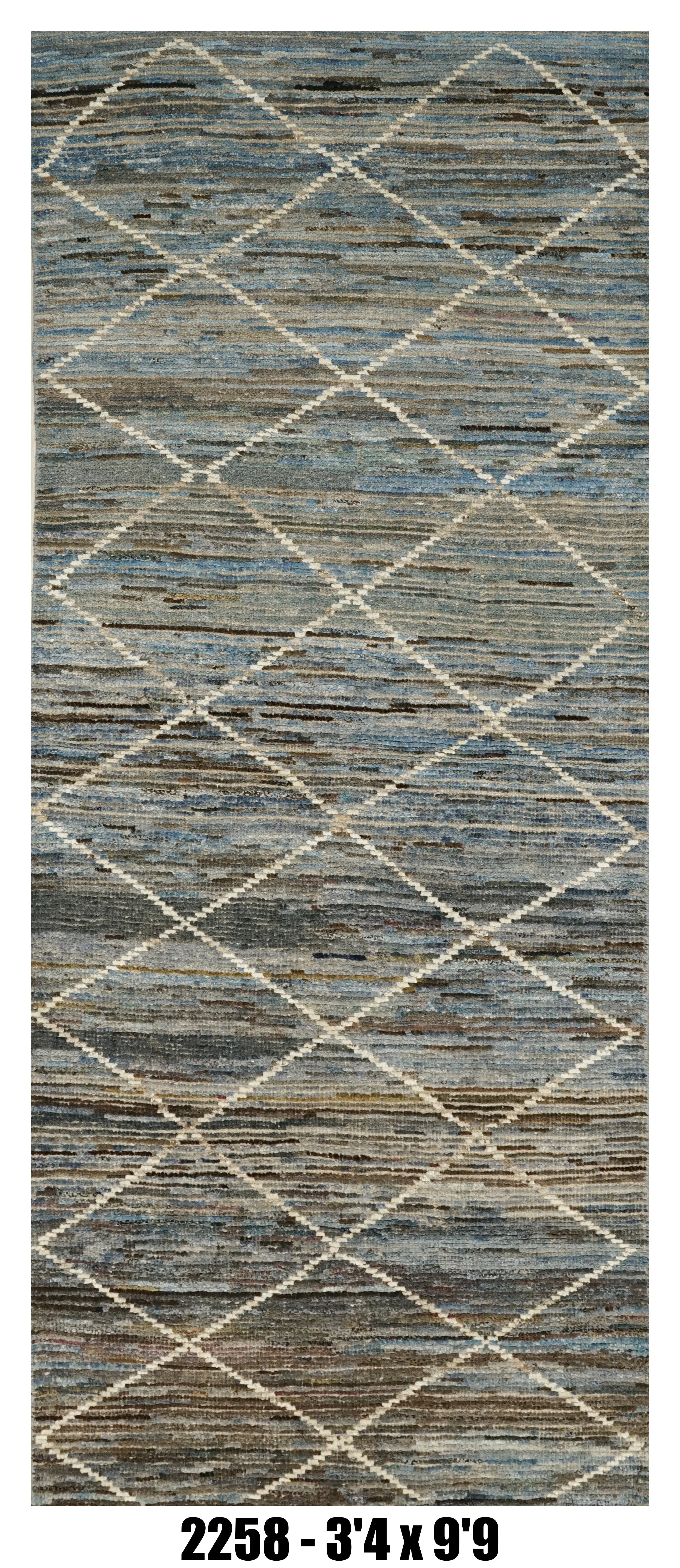 Moroccan Runner Rug 3'4" x 9'9" |   Blue Gray Diamond Lattice Hallway Rug