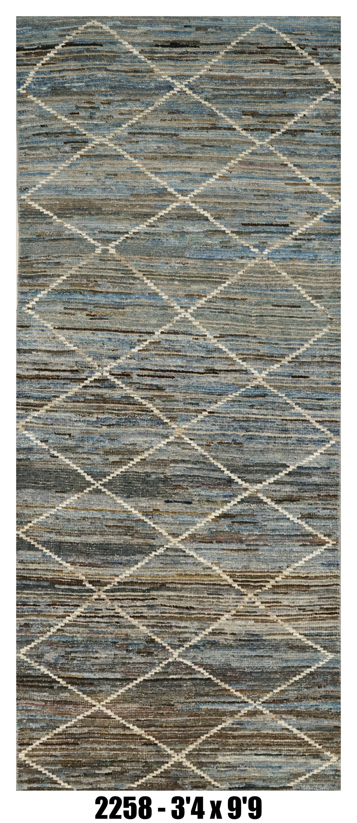 Moroccan Runner Rug 3'4" x 9'9" |   Blue Gray Diamond Lattice Hallway Rug