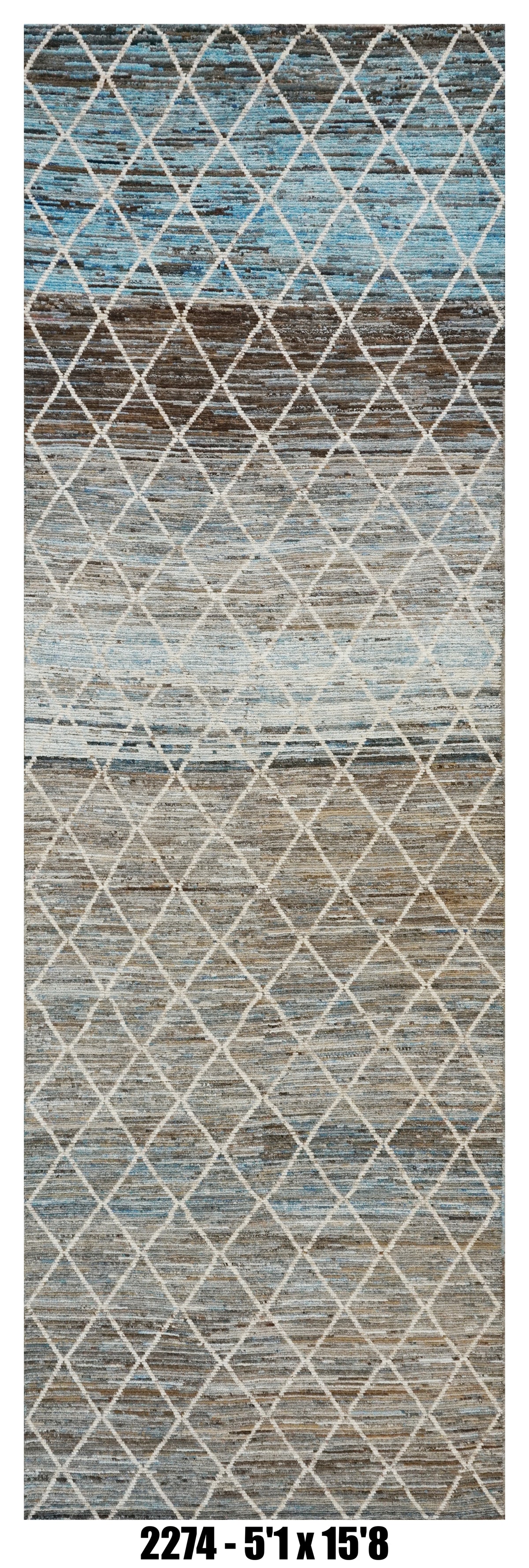 Moroccan Runner Rug 5'1" x 15'8" |  Blue Gray Diamond Lattice Hallway Rug