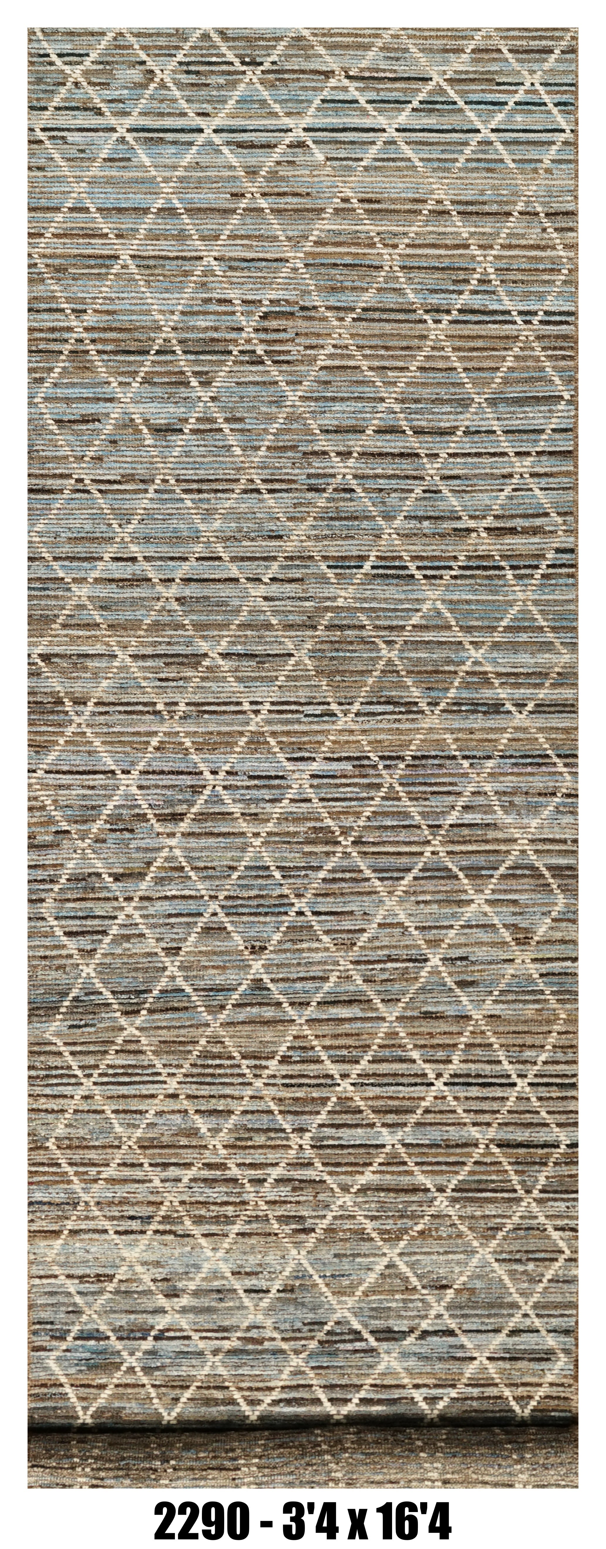 Moroccan Runner Rug 3'4" x 16'4"  | Blue Gray Diamond Lattice Hallway Rug