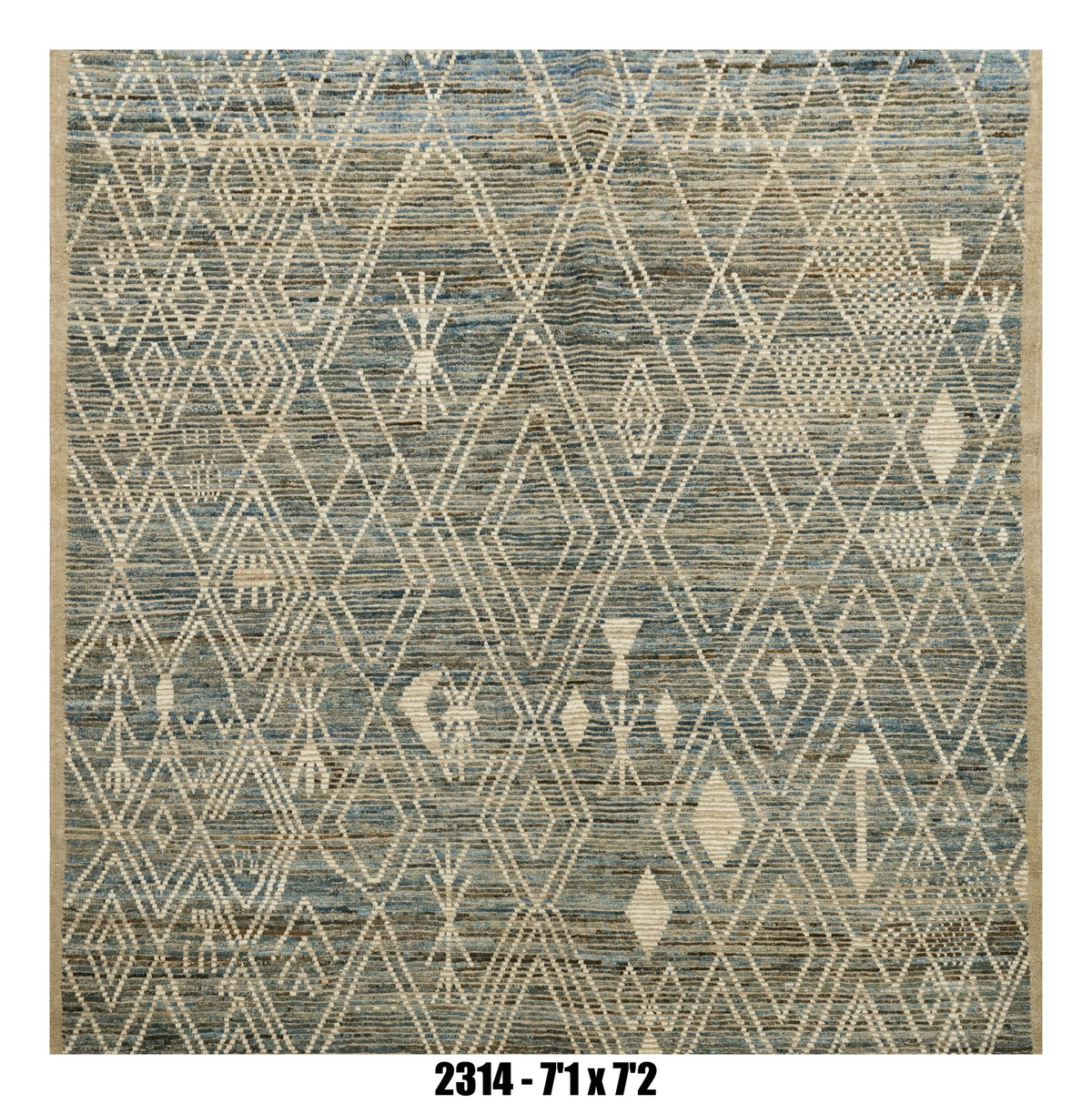 Moroccan Area Rug 7'1" x 7'2" |  Blue Ivory Tribal Diamond Living Room Rug