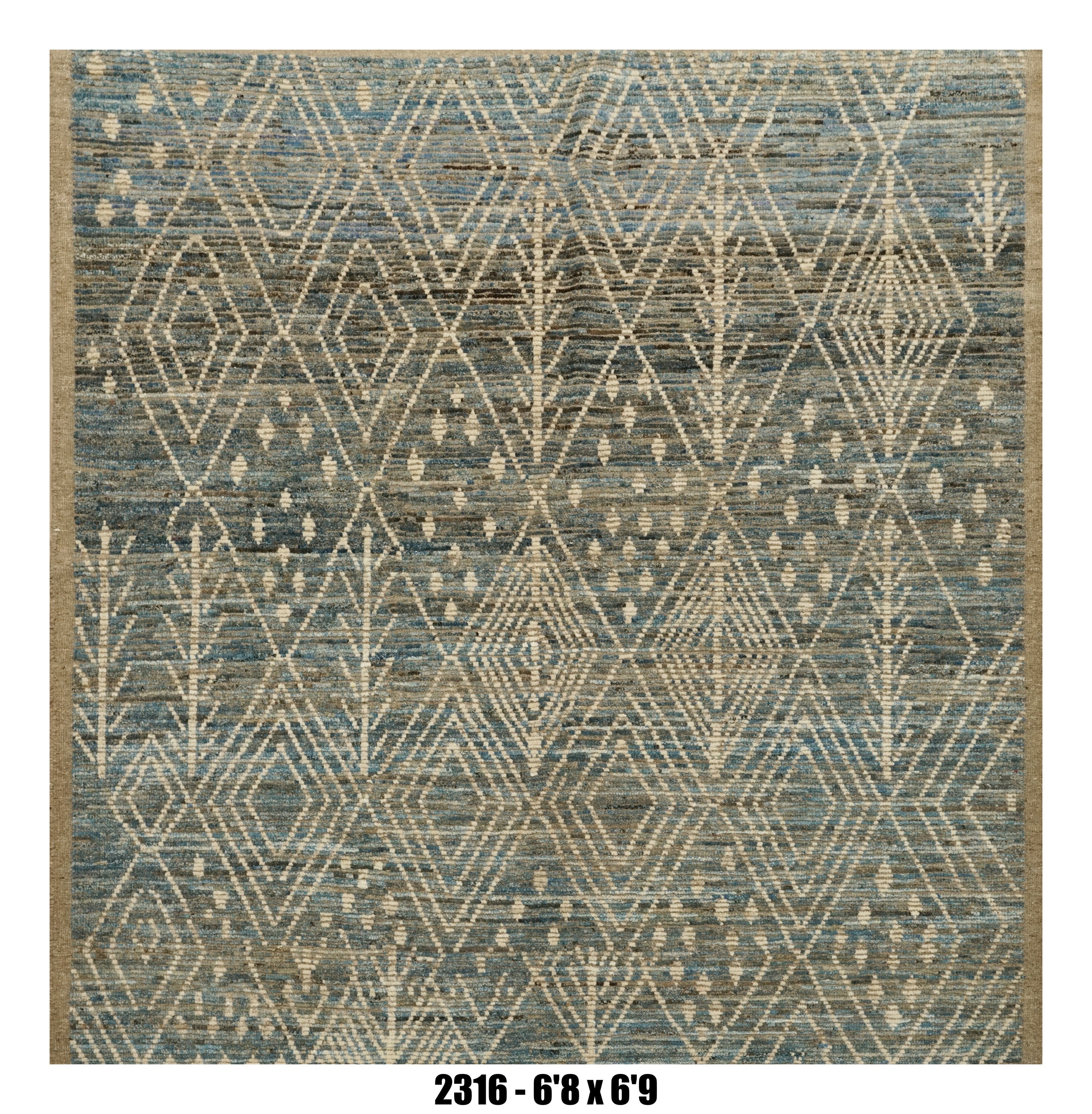 Moroccan Area Rug 6'8" x 6'9" | Blue Ivory Tribal Diamond Living Room Rug