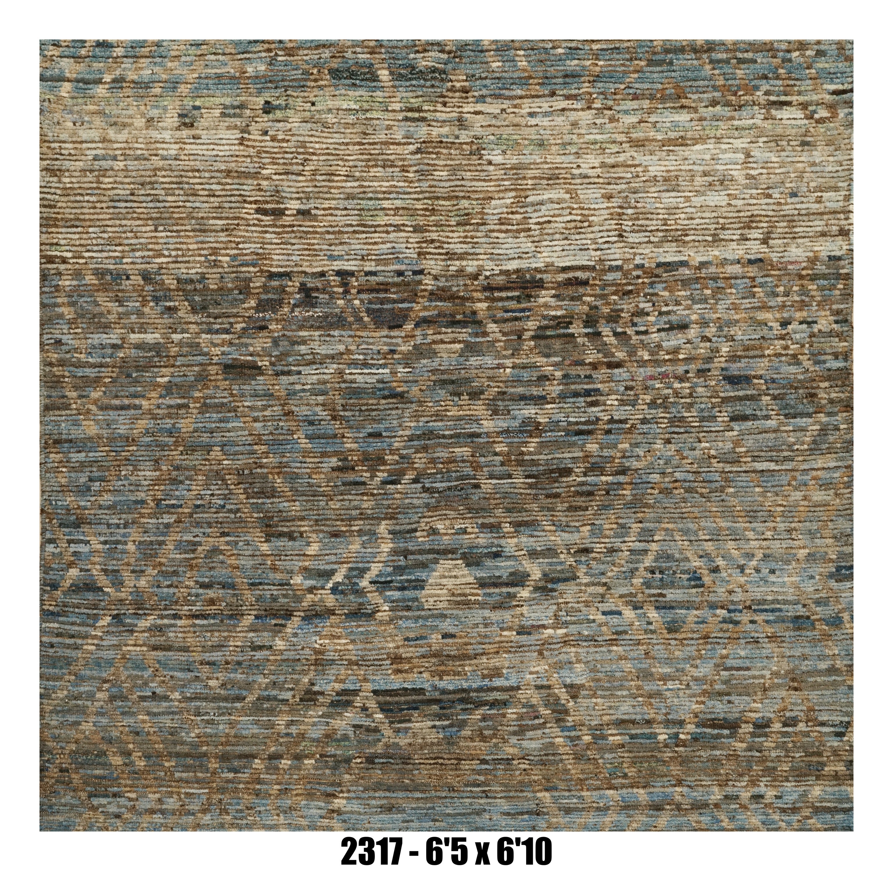 Moroccan Area Rug 6'5" x 6'10"  |  Blue Taupe Ivory Tribal Diamond Living Room Rug