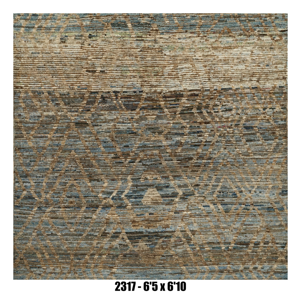 Moroccan Area Rug 6'5" x 6'10"  |  Blue Taupe Ivory Tribal Diamond Living Room Rug