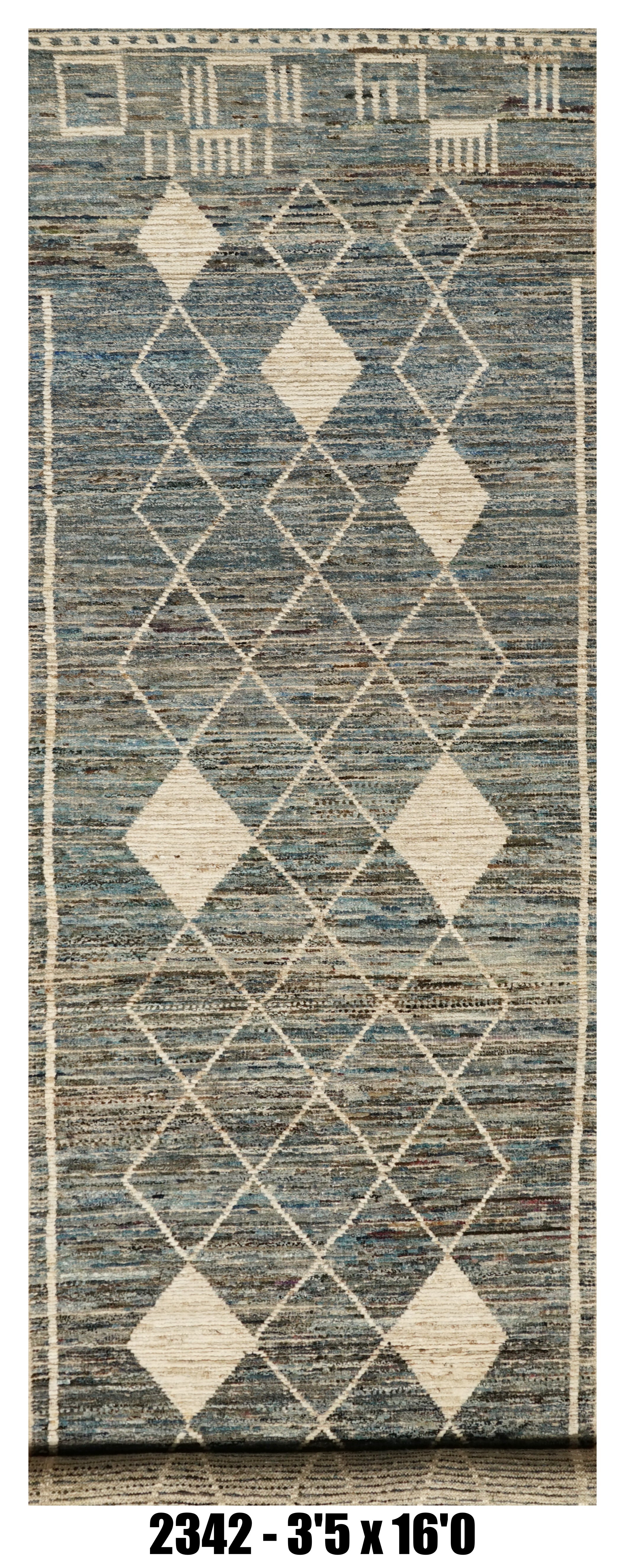 Moroccan Runner Rug 3'5" x 16'0"  |  Blue Gray Diamond Trellis Hallway Rug