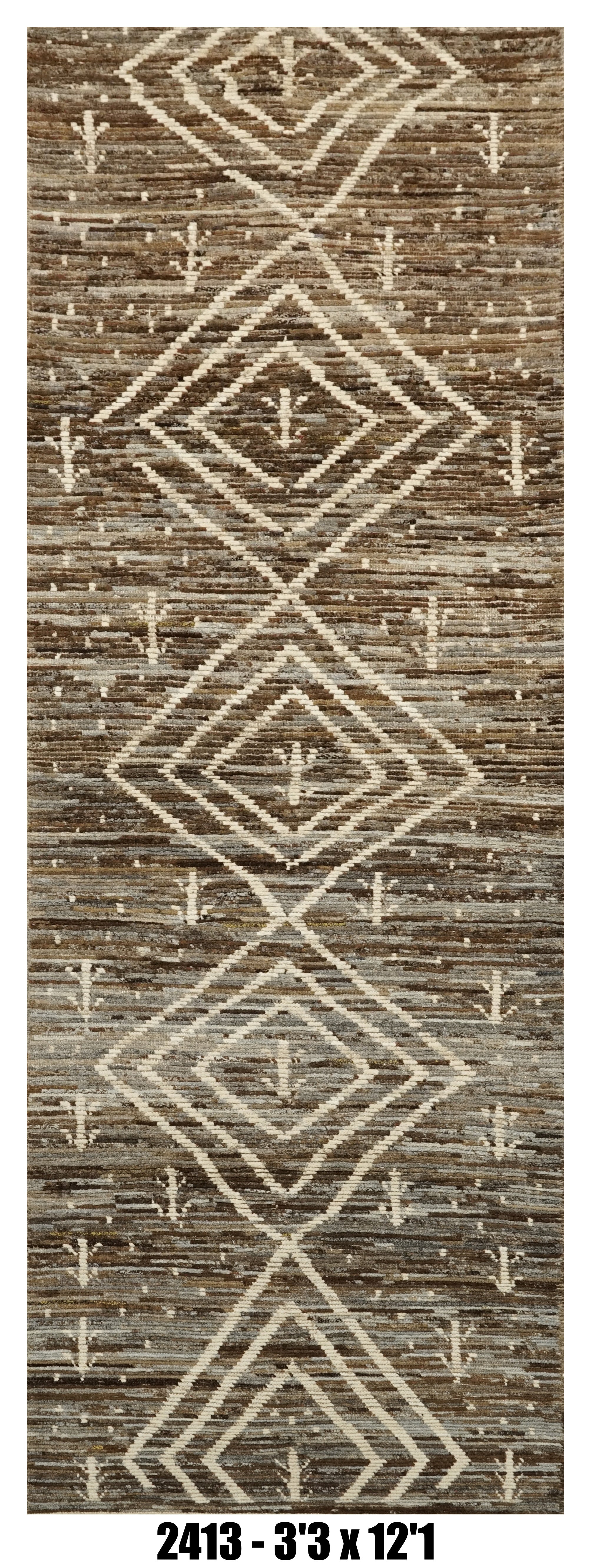 Moroccan Runner Rug 3'3" x 12'1" |  Brown Ivory Tribal Diamond Hallway Rug