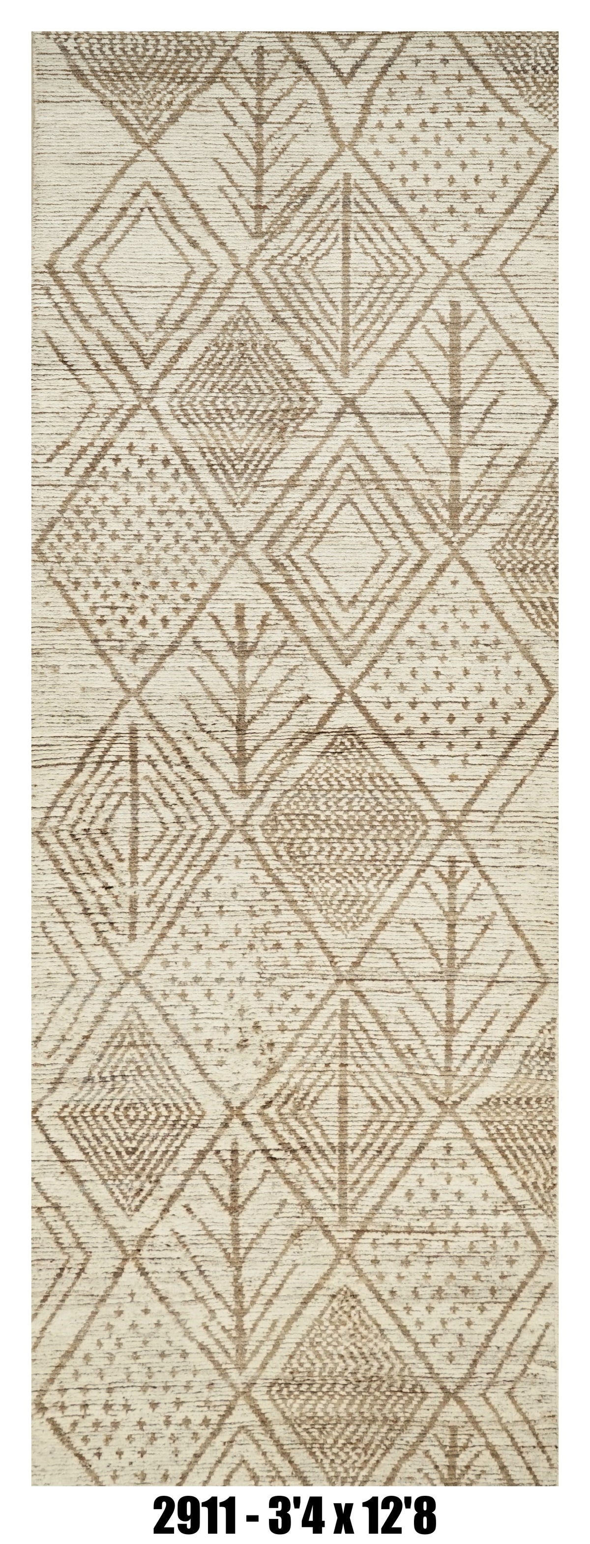 Moroccan Runner Rug 3'4" x 12'8" |  Ivory Taupe Tribal Diamond Hallway Rug