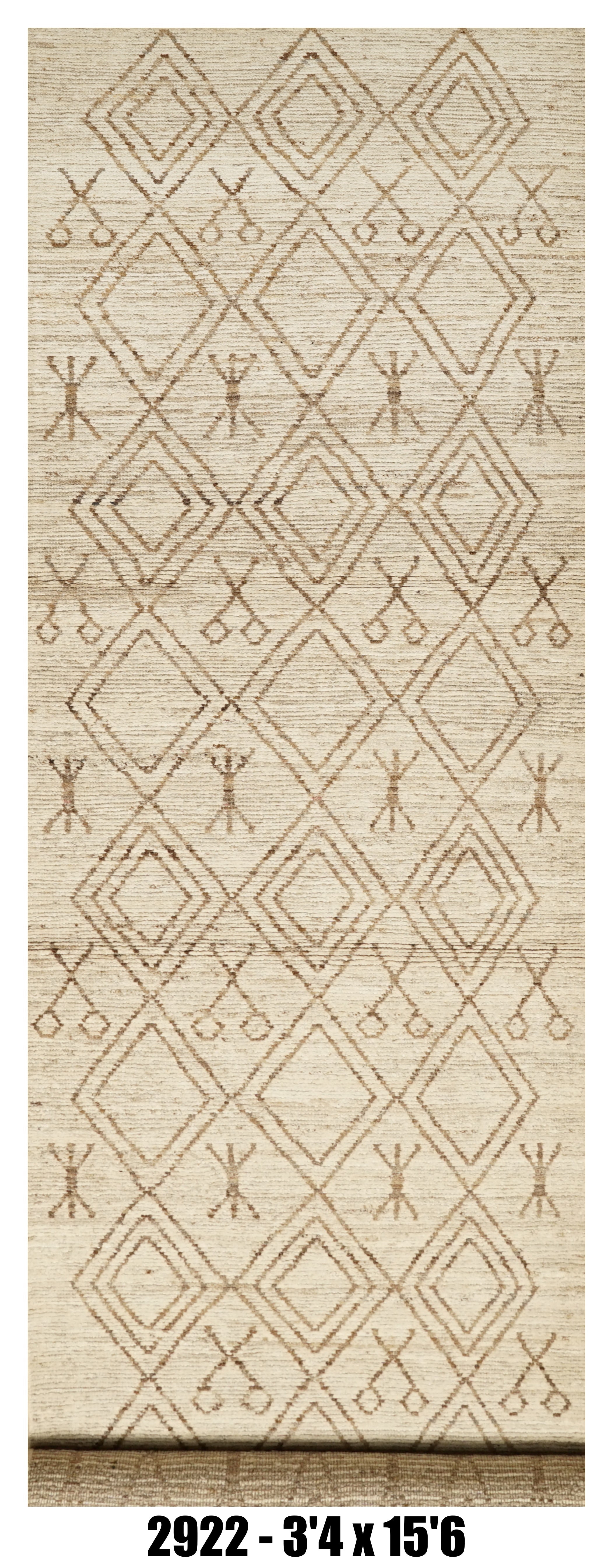 Moroccan Runner Rug 3'4" x 15'6" |  Ivory Taupe Tribal Diamond Hallway Rug