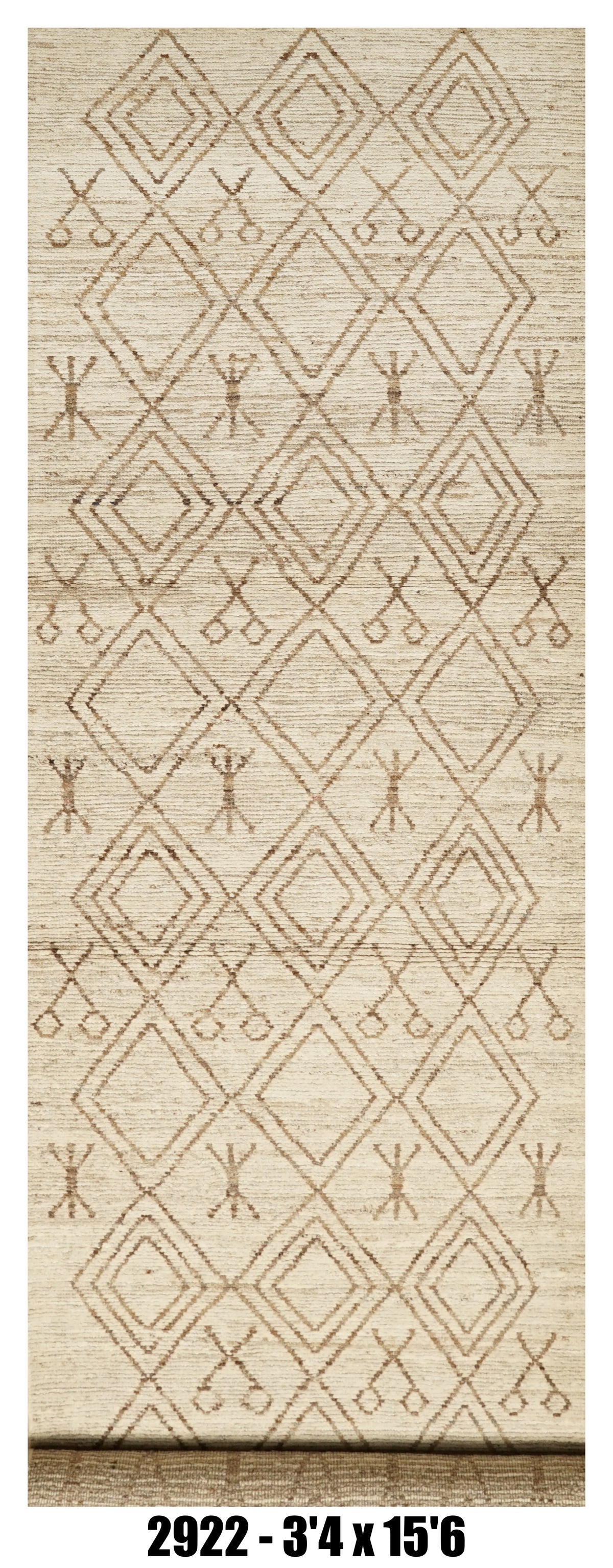 Moroccan Runner Rug 3'4" x 15'6" |  Ivory Taupe Tribal Diamond Hallway Rug