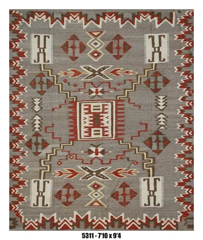 Southwestern Tribal Kilim Area Rug – Grey & Red Geometric Design – 7'10" x 9'4" –