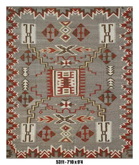 Southwestern Tribal Kilim Area Rug – Grey & Red Geometric Design – 7'10" x 9'4" –