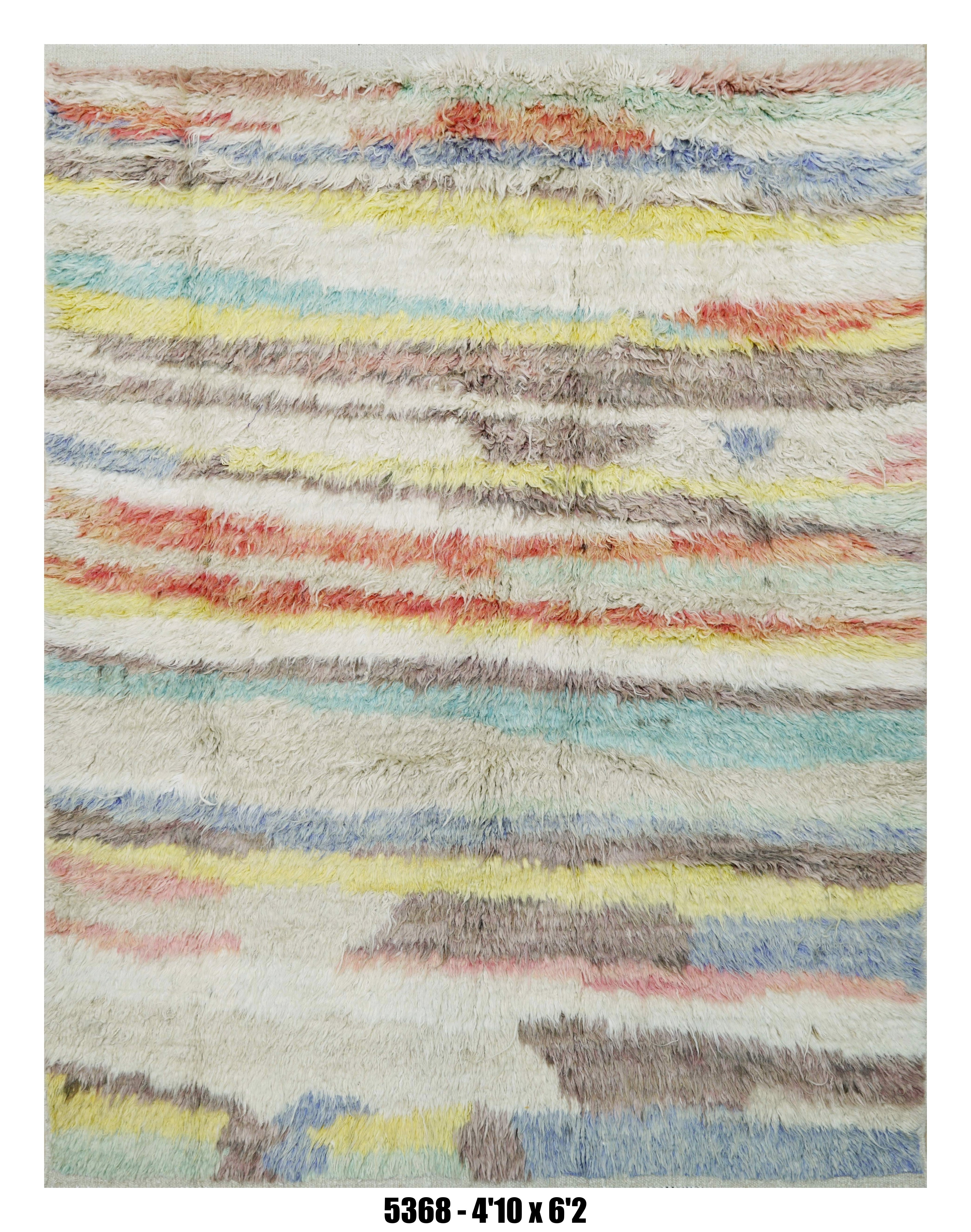 Vintage Moroccan Shag Rug Soft Pastel Abstract Stripe Design