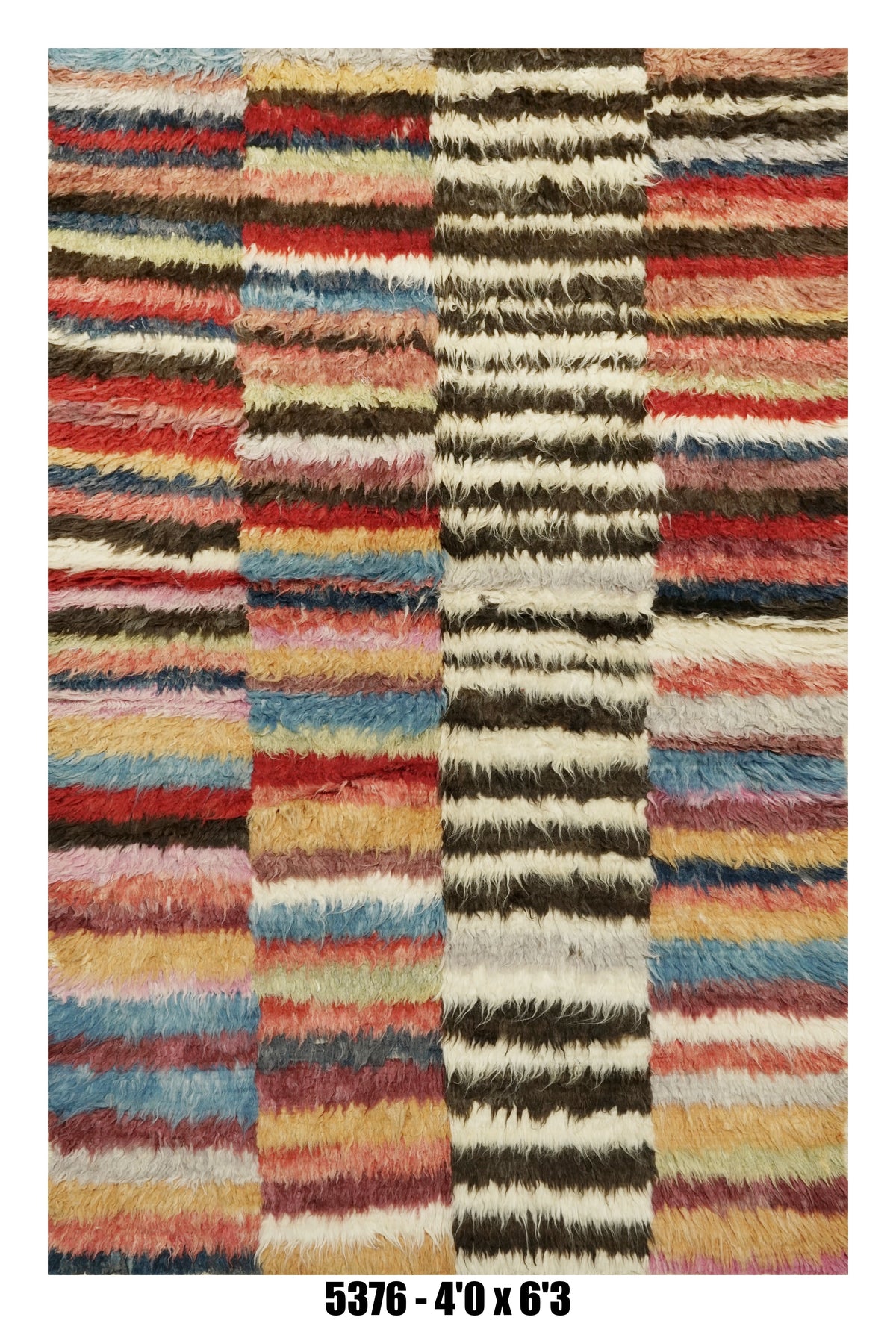 Moroccan Patchwork Runner Rug 4'0" x 6'3" |  Multicolor Striped Shag Pattern