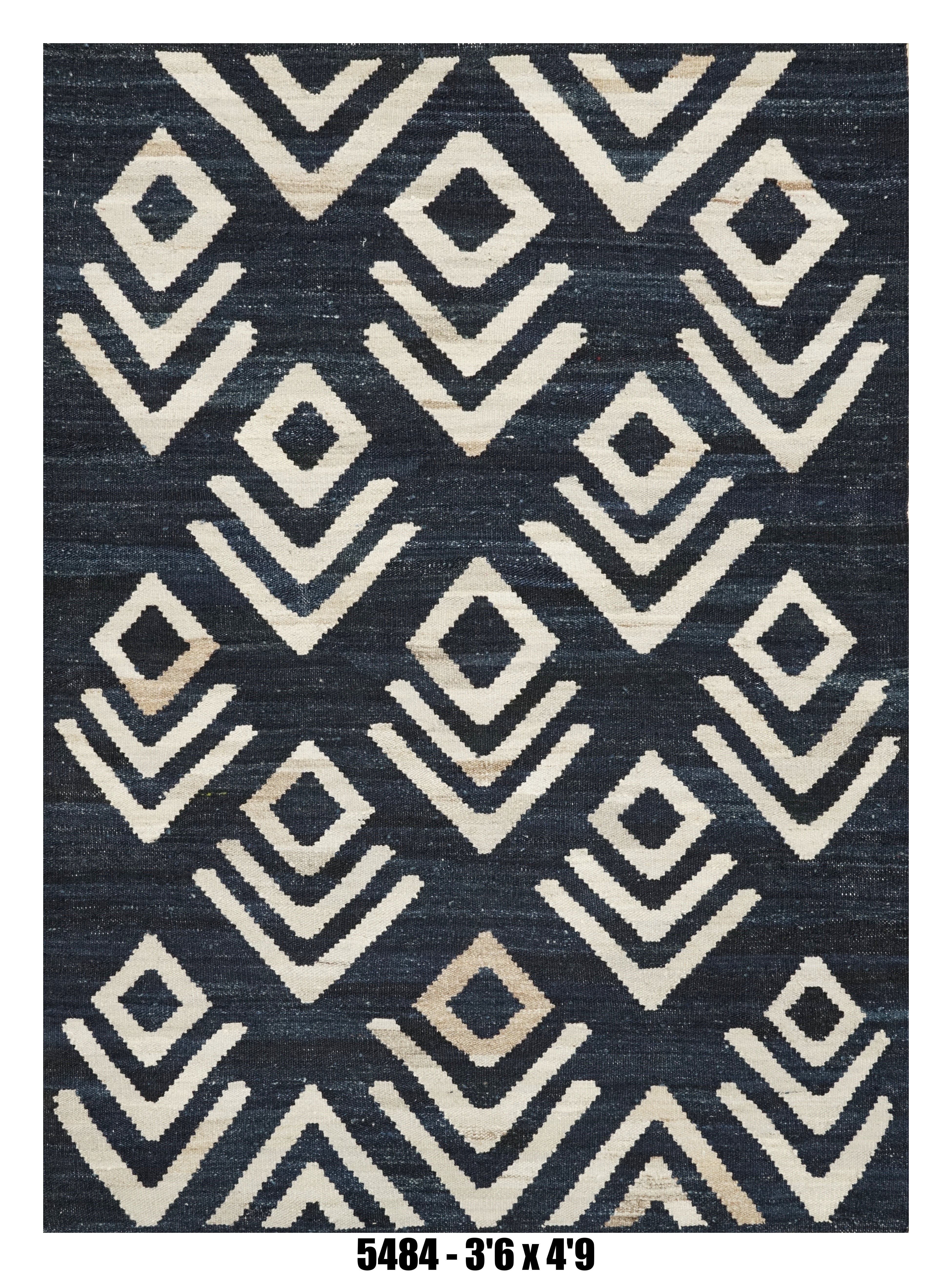 Killim Navy Blue Geometric Area Rug – Ivory Tribal Diamond Pattern |  3'6" x 4'9"