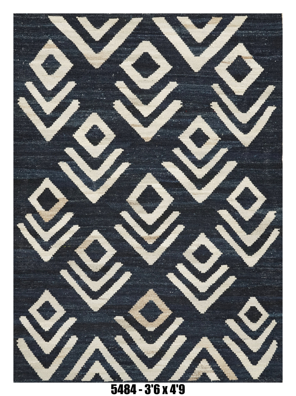 Killim Navy Blue Geometric Area Rug – Ivory Tribal Diamond Pattern |  3'6" x 4'9"