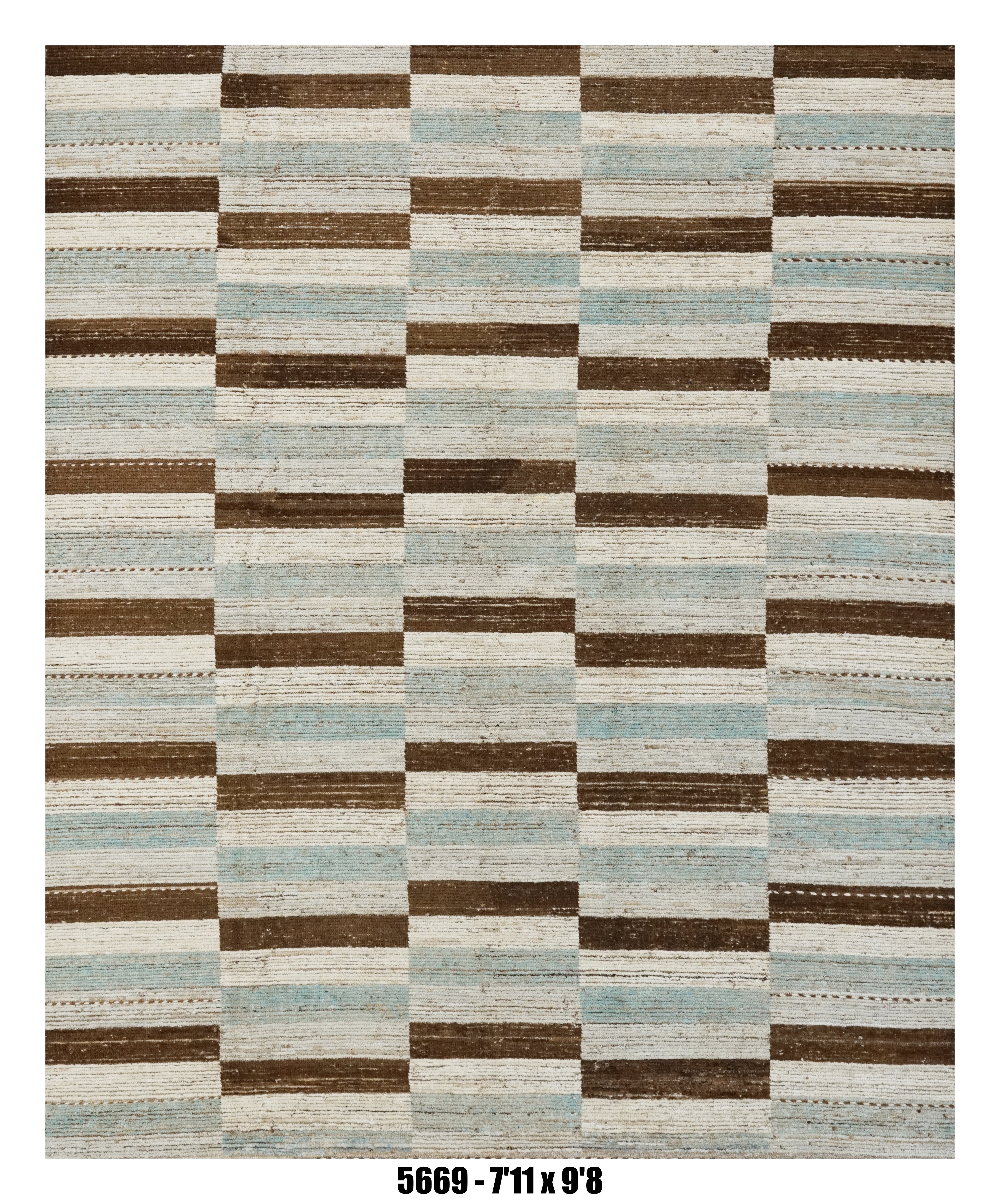 Moroccan Geometric Area Rug 7'11" x 9'8" |  Ivory Brown Blue Block Stripe Pattern