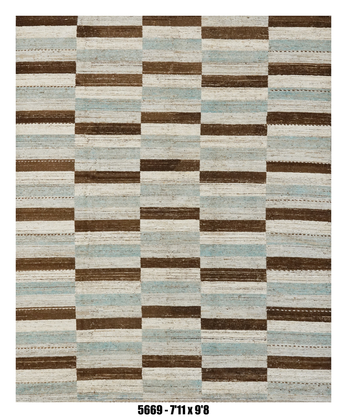 Moroccan Geometric Area Rug 7'11" x 9'8" |  Ivory Brown Blue Block Stripe Pattern