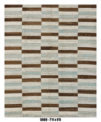 Moroccan Geometric Area Rug 7'11" x 9'8" |  Ivory Brown Blue Block Stripe Pattern