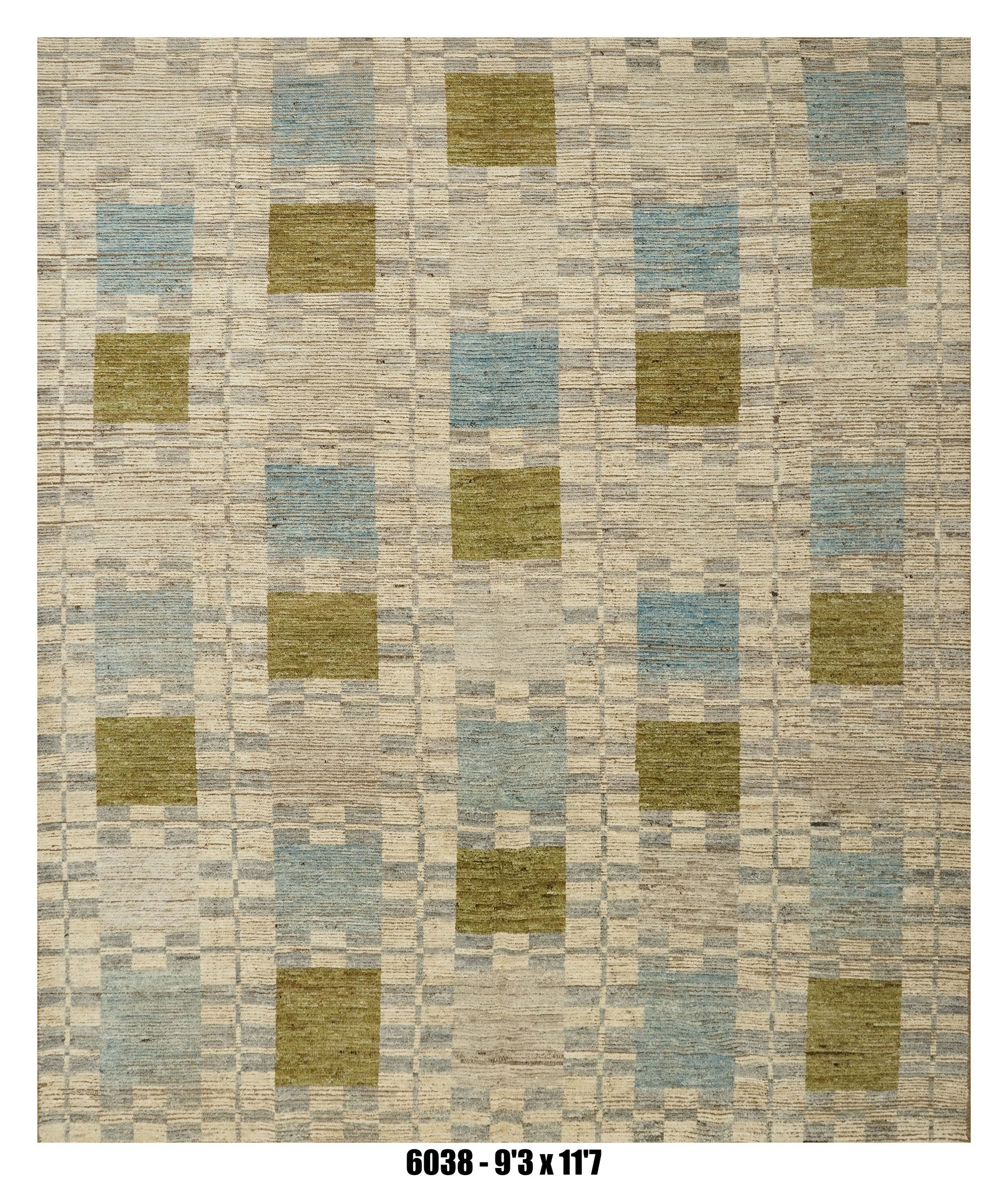 Moroccan Checkered Area Rug 9'3" x 11'7" |  Ivory Sage Blue Grid Pattern