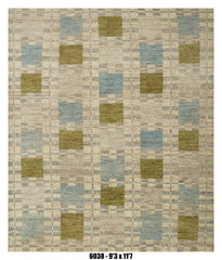 Moroccan Checkered Area Rug 9'3" x 11'7" |  Ivory Sage Blue Grid Pattern