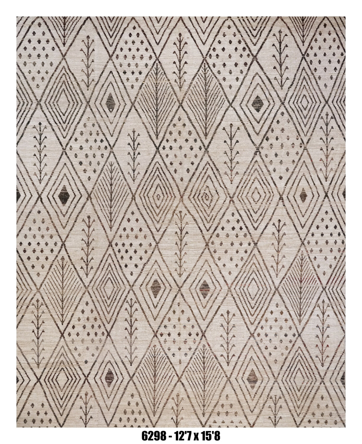Moroccan Diamond Area Rug 12'7" x 15'8" |  Ivory Taupe Tribal Geometric Pattern