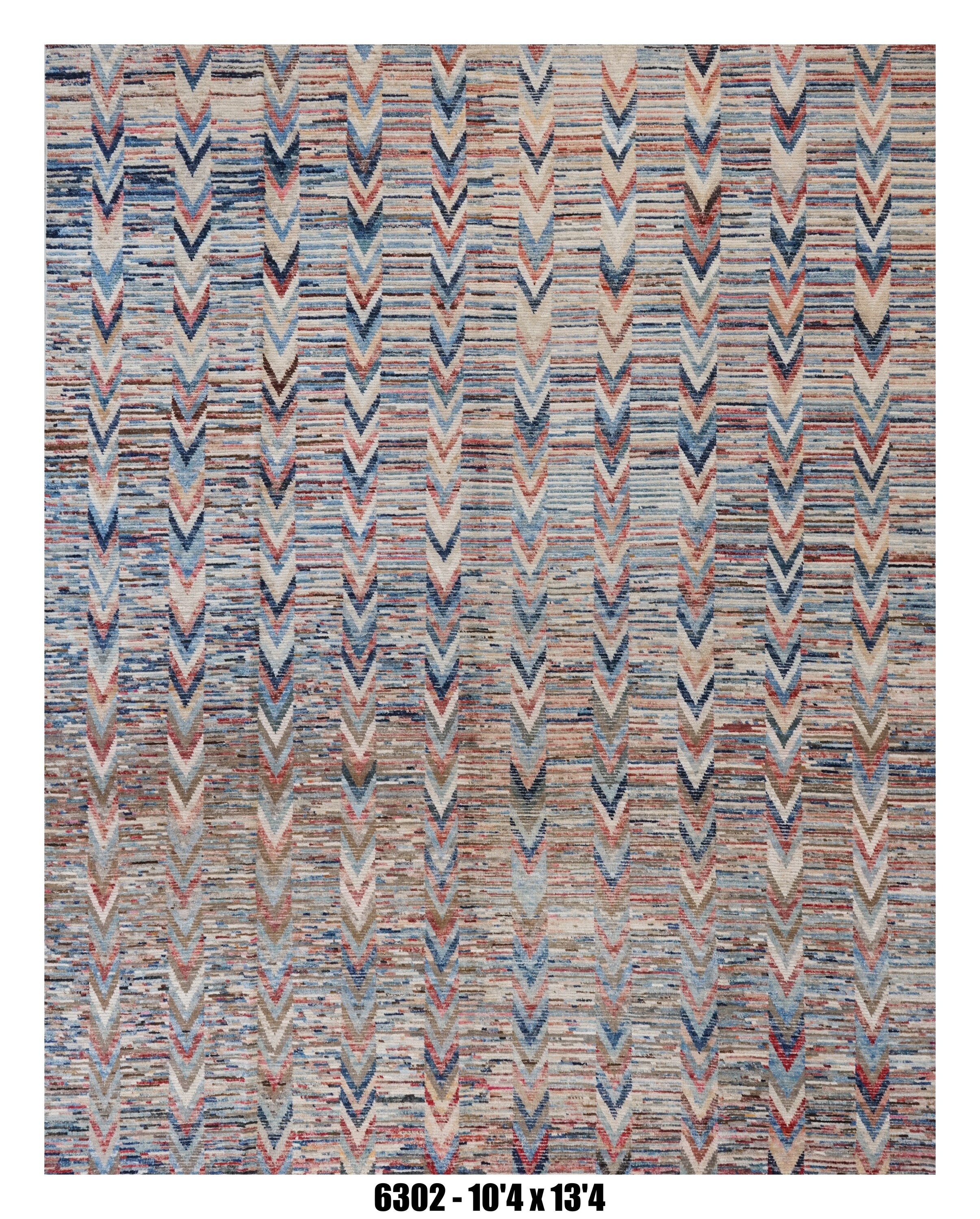 Moroccan Chevron Area Rug 10'4" x 13'4" |  Blue Coral Ivory Geometric Stripe Pattern