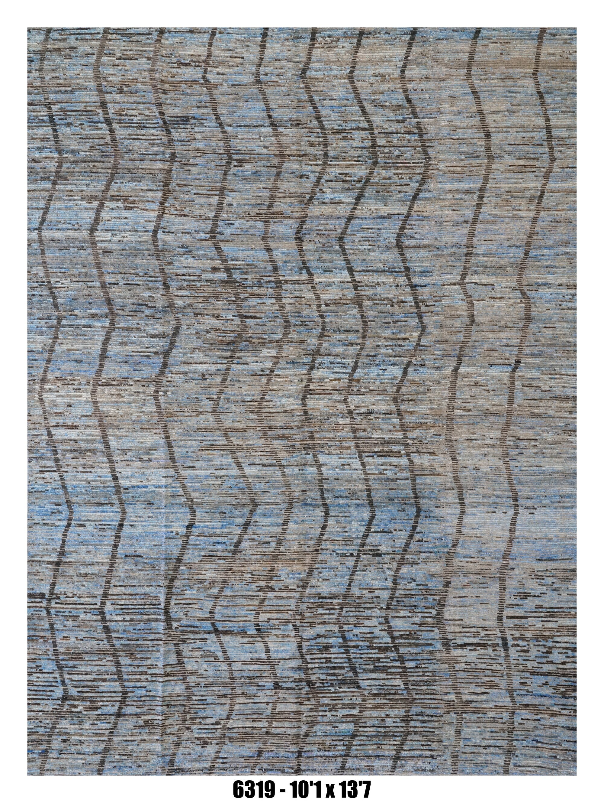 Moroccan Wavy Stripe Area Rug 10'1" x 13'7" |  Blue Taupe Geometric Pattern