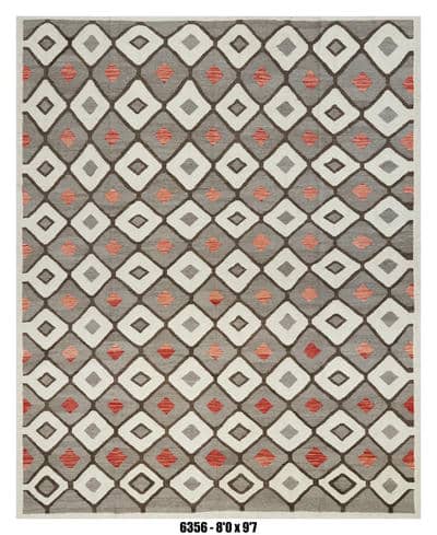 Ivory & Grey Diamond Pattern Kilim Area Rug with Coral Accents – 8'0" x 9'7"