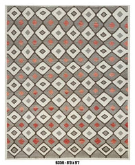 Ivory & Grey Diamond Pattern Kilim Area Rug with Coral Accents – 8'0" x 9'7"