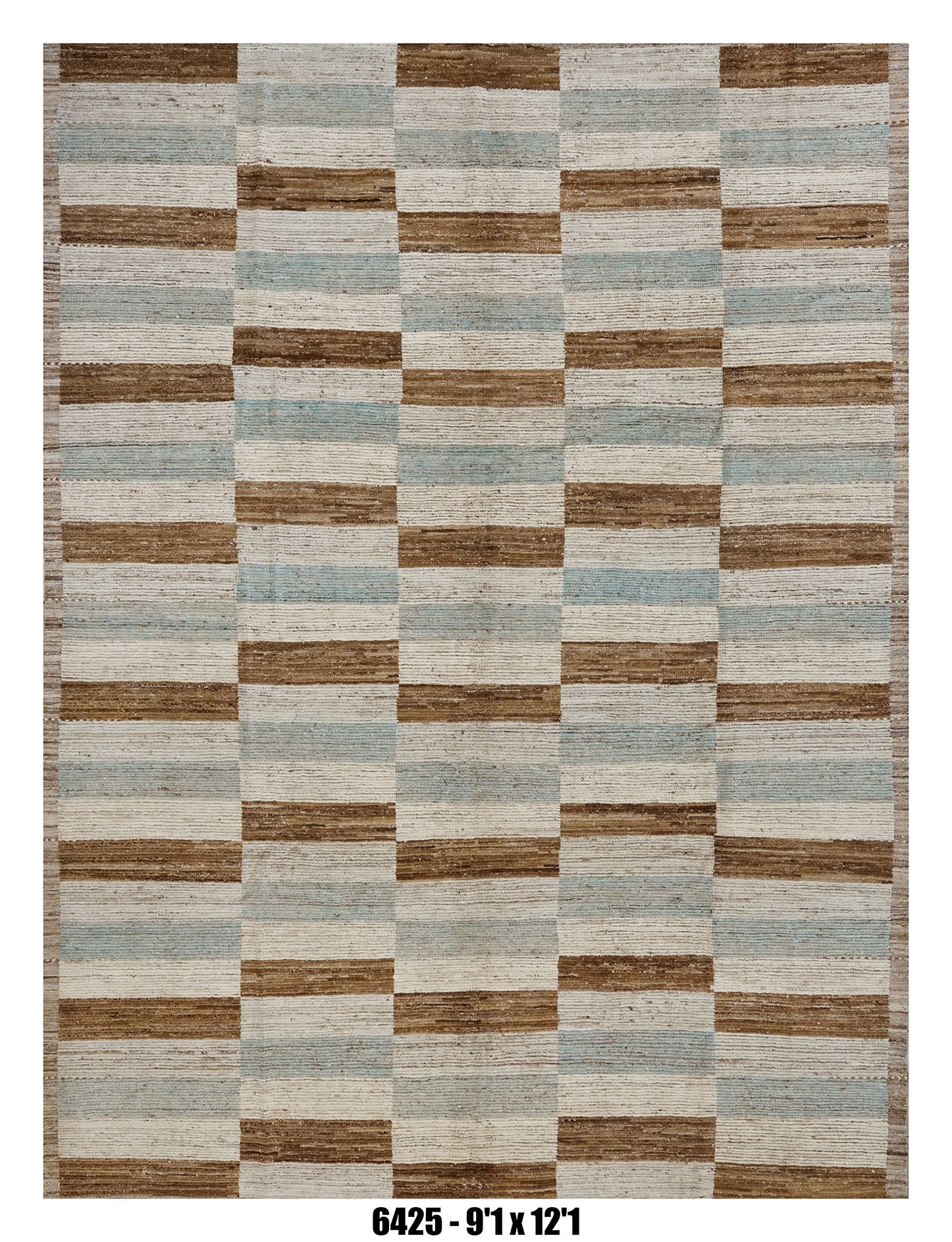 Moroccan Checkered Area Rug 9'1" x 12'1" | Ivory Brown Blue Block Pattern