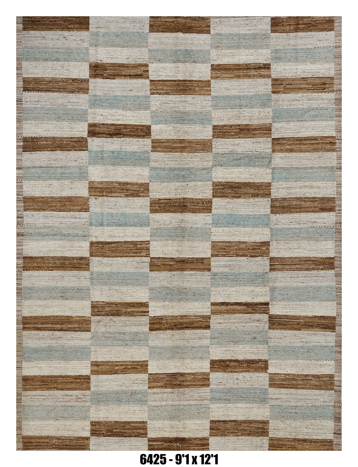 Moroccan Checkered Area Rug 9'1" x 12'1" | Ivory Brown Blue Block Pattern