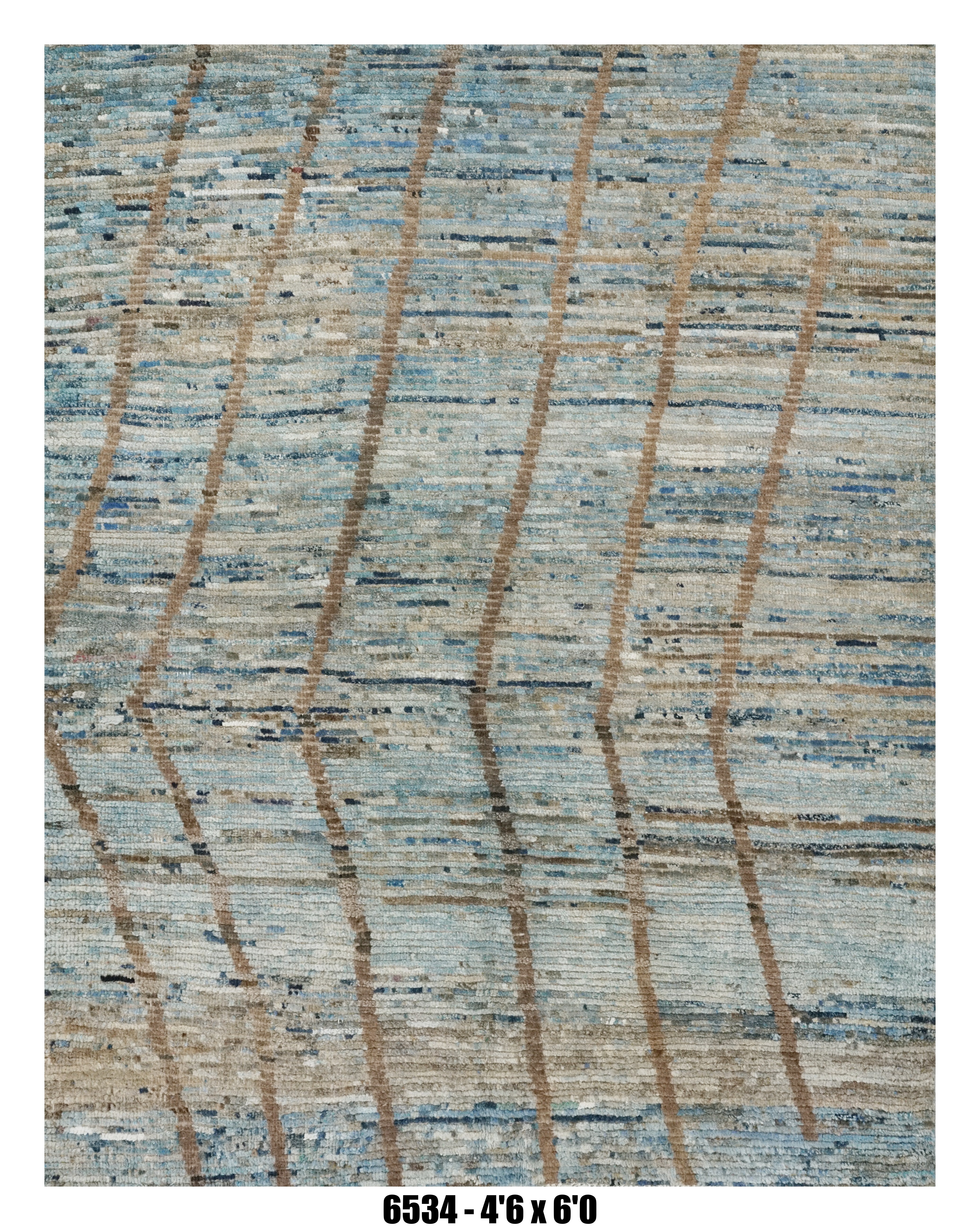 Moroccan Geometric Area Rug 4'6" x 6'0" | Blue Ivory Taupe Linear Pattern