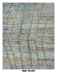 Moroccan Geometric Area Rug 4'6" x 6'0" | Blue Ivory Taupe Linear Pattern